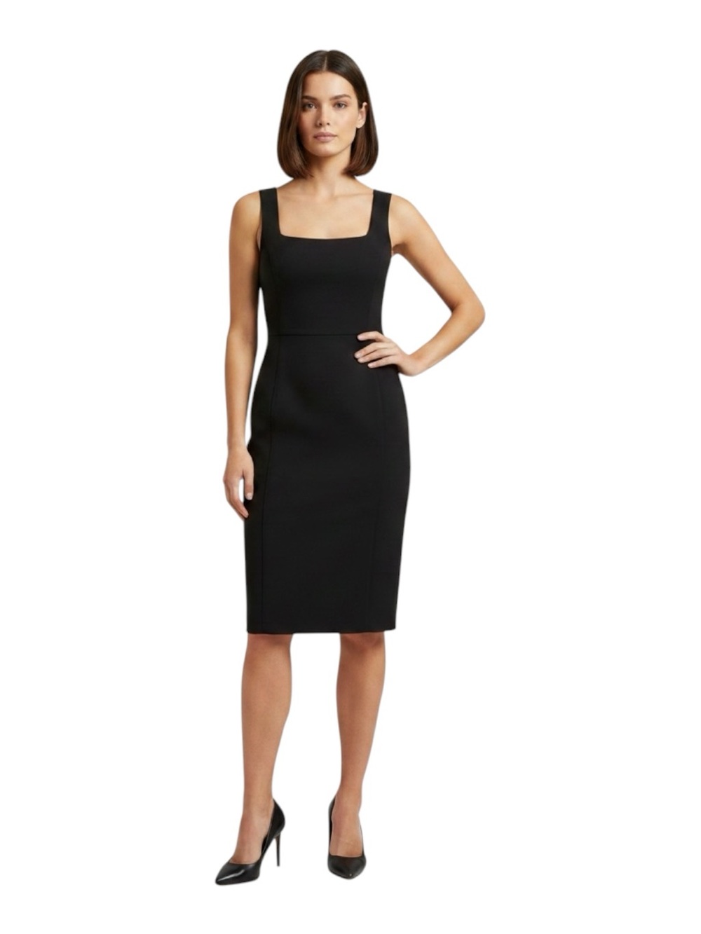 Halston Heritage Black Square-Neck Midi Sheath Dress Sz 2 | EUC